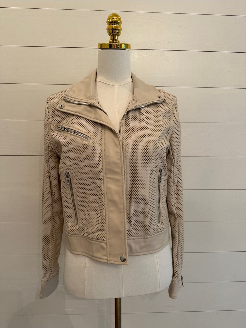Blank NYC Perforated Vegan Leather Moto Jacket - Beige